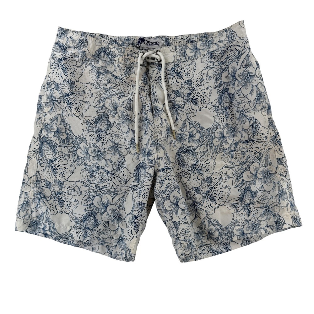 Trunks Swim Shorts Mens XL White Blue Tropical Hawaiian Floral Mesh Lined Beach